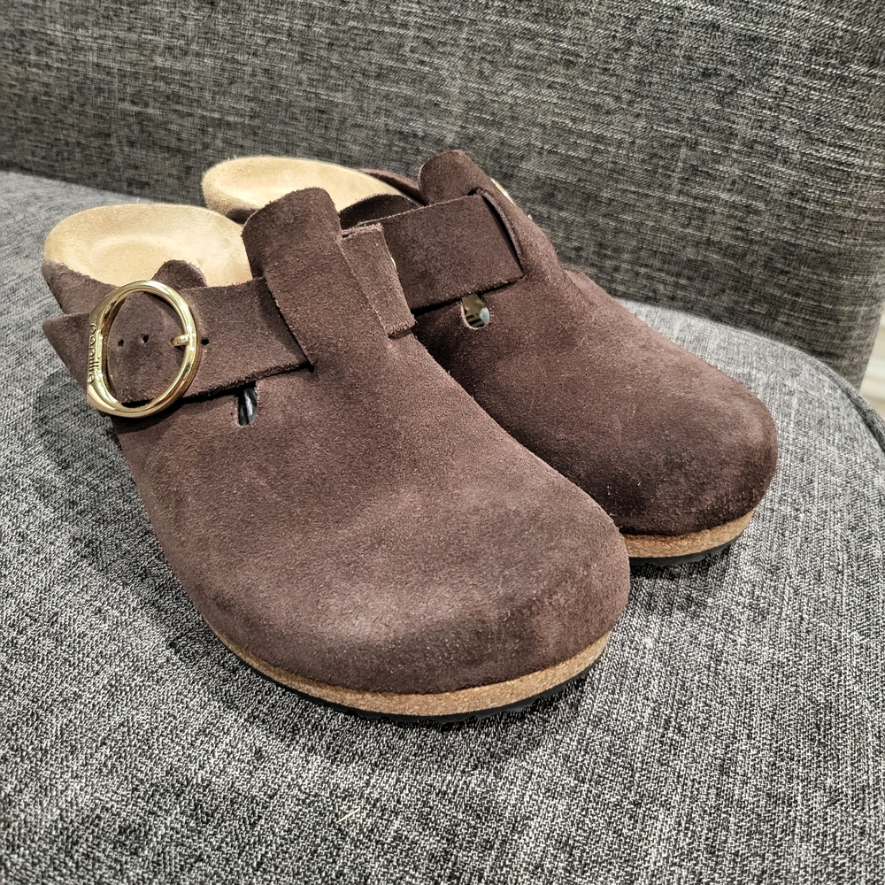 Papillio Dark Brown Suede Mules with Gold Buckle